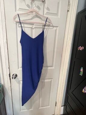 Women's Royal Blue Asymmetric Slip Dress - Sleek Spaghetti Strap Style